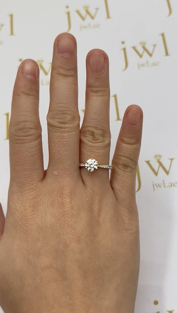 1.02 Carat Round Lab-Grown Diamond Princess Crown Pavé Engagement Ring in 18K Yellow Gold