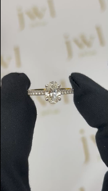 1.03 Carat Oval Lab-Grown Diamond Pavé Engagement Ring in 18K Yellow Gold