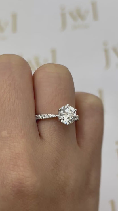 1.55 Carat Round Lab-Grown Diamond Princess Crown Pavé Engagement Ring in 18K White Gold