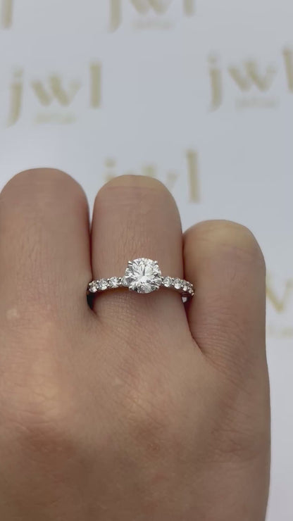 1.02 Carat Round Lab-Grown Diamond Celine Pavé Solitaire Engagement Ring in 18K White Gold