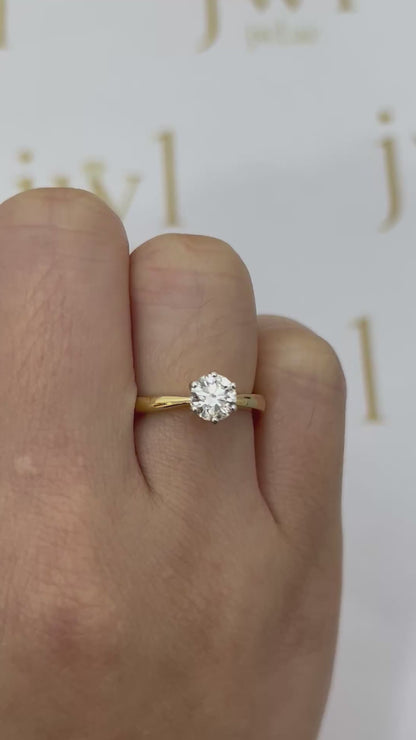 0.74 Carat Round Lab-Grown Diamond Princess Crown Solitaire Engagement Ring in 18K Yellow Gold