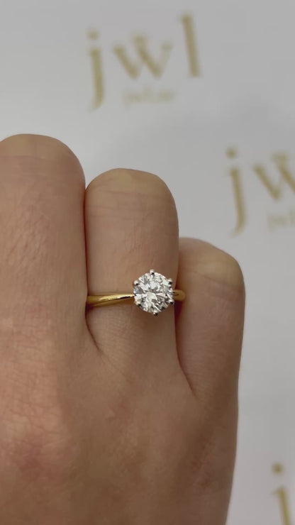 1.06 Carat Round Lab-Grown Diamond Tiffany Solitaire Engagement Ring in 18K Yellow Gold