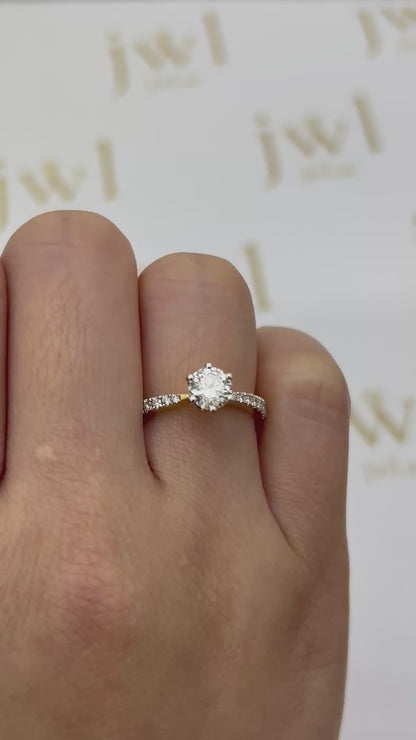 0.73 Carat Round Lab-Grown Diamond Princess Crown Pavé Engagement Ring in 18K Yellow Gold